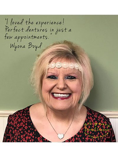 wynona boyd, a patient of Dental Corner in Wichita, KS, smiling with her new dentures